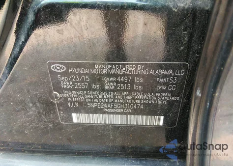 2016 Hyundai Sonata Se из США, поврежденный, VIN 5NPE24AF5GH310474